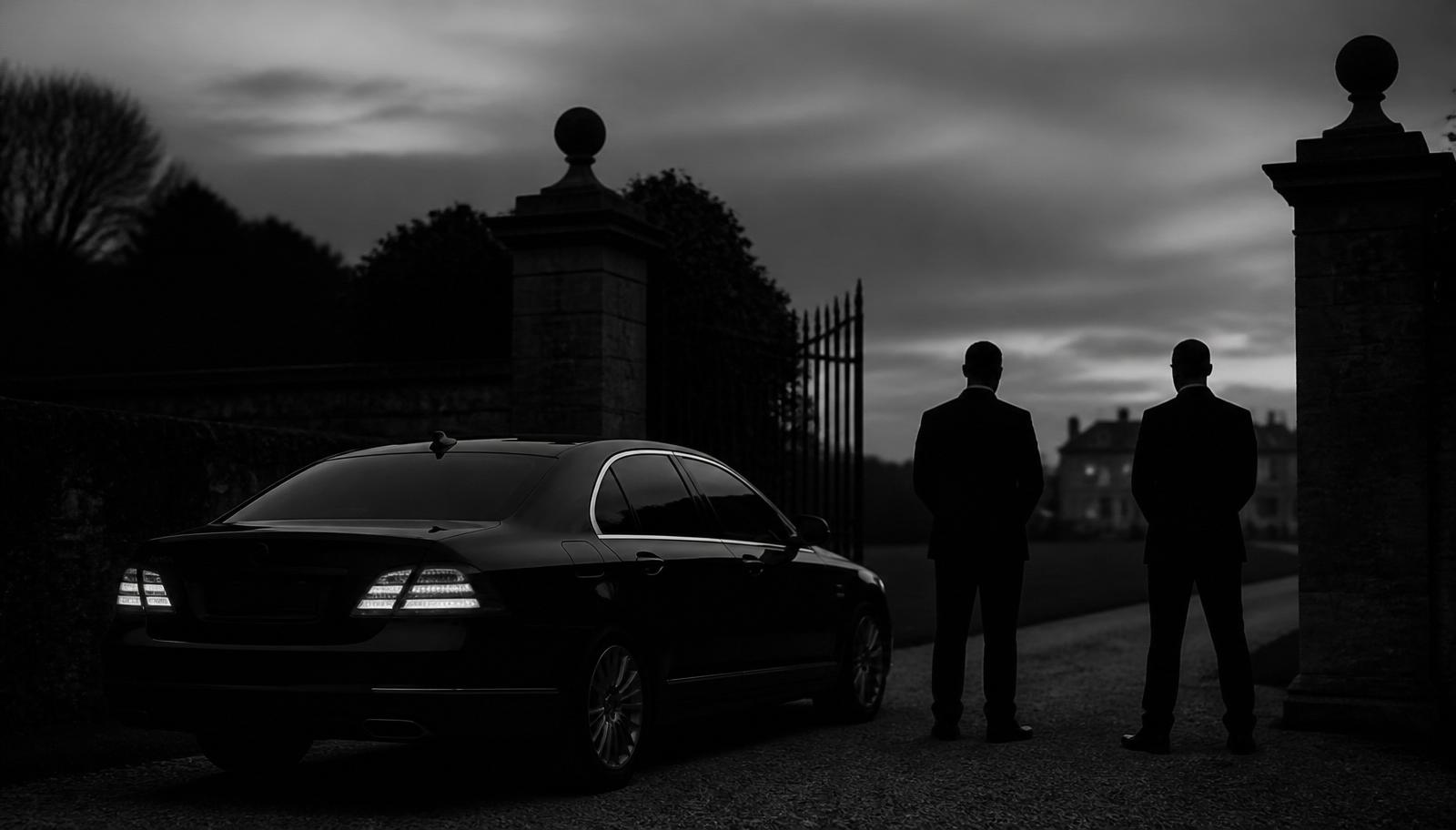Black sedan at a private estate gate at twilight